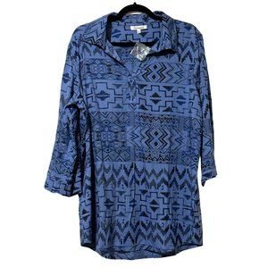 NWOT Serengeti size L blue southwest print 3/4 sleeve button front tunic top